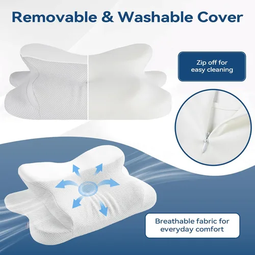 Vista 12 de Almohada cervical para aliviar el dolor de cuello, almohada ergonómica de espuma viscoelástica de doble altura con funda transpirable refrescante