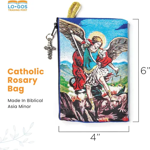 Vista 4 de Bolsa de rosario católico Pequeño Arcángel Miguel y San Miguel Rosario de la Tierra Santa Monedas, joyas y rosario con cremallera colgante de cruz