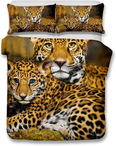 Vista 2 de Juego de ropa de cama 3D con estampado de leopardo, tamaño Queen, juego de funda de edredón realista con fundas de almohada, sábanas, textiles