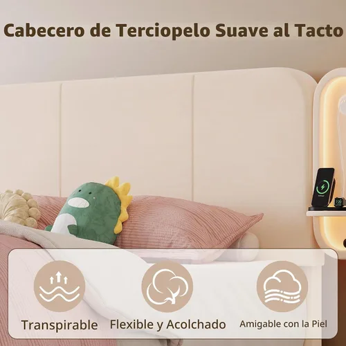 Vista 3 de Base de cama individual con cajones de almacenamiento y cabecera tapizada con estante lateral, marco de cama de terciopelo con luces LED, puerto USB
