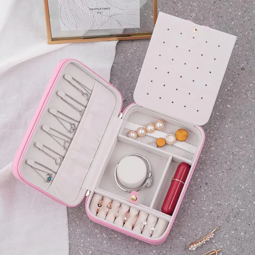 Vista 6 de SANQIANWAN Pequeña caja organizadora de viaje de joyería con estuche portátil de piel sintética para collares anillos aretes regalos para novia