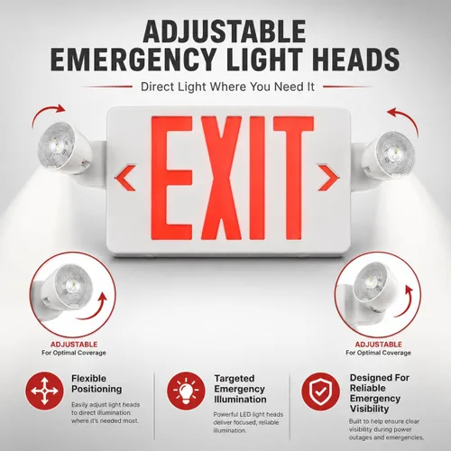 Vista 4 de Señal de salida LED rojo con luces de emergencia, dos luces de salida de emergencia de cabeza ajustable con batería de respaldo, lámpara LED dual