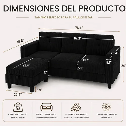 Vista 2 de Sofás Seccionales Convertibles para Sala de Estar, Sofá en Forma de L, Juego de Sofá Seccional de 3 Asientos con Tela de Pana y Otomán Móvil, Sofá