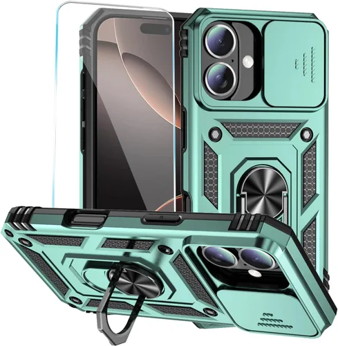 Vista 3 de Funda para teléfono SunStory para iPhone 11 con protector de pantalla HD y cubierta deslizante para la cámara y soporte giratorio con anillo