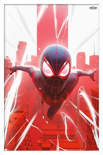 Vista 13 de Marvel's Spider-Man: Miles Morales - Póster de Falling Wall, 22.4 pulgadas de largo x 14.7 pulgadas de ancho, versión enmarcada de madera de granero