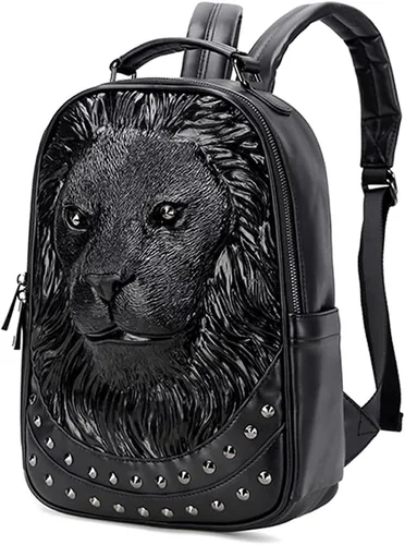 Vista 2 de Berchirly Mochilas de viaje con cabeza de león en 3D para mujer, mochila de 10.2 in-negro