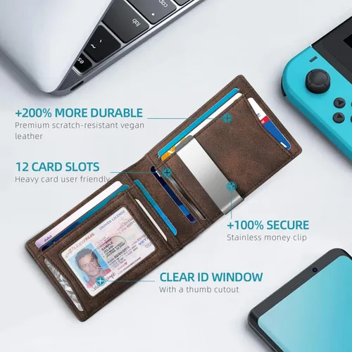 Vista 102 de Zitahli - Carteras delgadas con clip para dinero para hombre, tarjetero minimalista, de cuero, plegable, con bloqueo RFID, cartera de bolsillo