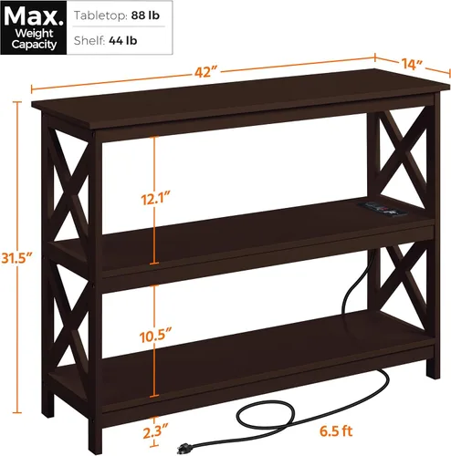 Vista 3 de Yaheetech Mesa consola con toma de corriente, mesa de sofá estrecha de 3 niveles con estantes de almacenamiento, mesa auxiliar de entrada de madera