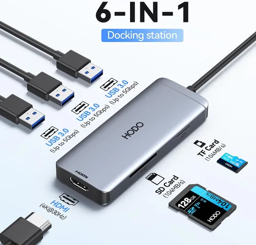Vista 2 de Adaptador multipuerto USB-C para MacBook Air/Pro - Dongle HDMI 6 en 1 con puertos 4K, USB 3.0, lector de tarjetas SD/TF para MacBook M1/m2/m3/m4
