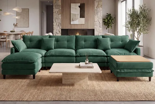 Vista 29 de Sofá de nube en forma de L de 73.5 pulgadas, sofá modular con mesa auxiliar otomana, sofá biplaza de pana con almohada, cómodo y moderno sofá