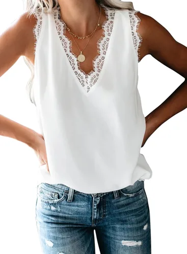 Vista 26 de BLENCOT Camiseta sin mangas con cuello en V para mujer, blusa de encaje, chaleco casual, camisola de verano Albaricoque