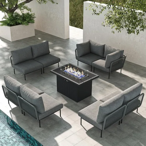 Vista 20 de LayinSun Juego de muebles de patio de aluminio de 7 piezas, sofá modular moderno con mesa auxiliar y cojín de grosor mejorado Gris claro