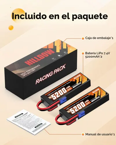 Vista 6 de Hilldow 5200mAh 2S 80C 7.4V Lipo - Estuche rígido con conector EC3 para automóvil, camión, barco, vehículos (2 paquetes)