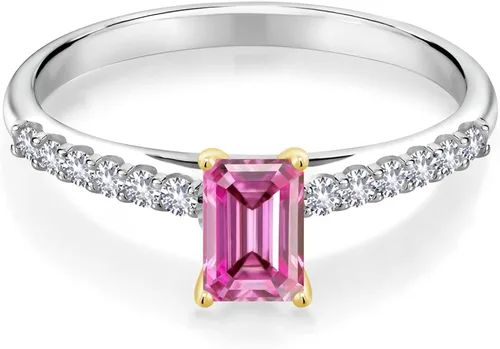 Vista 2 de Gem Stone King Anillo de plata de ley 925 con puntas de oro amarillo de 10 quilates, moissanita creada octagonal rosa y zafiro blanco creado