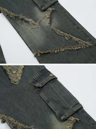 Vista 5 de Harajuku Hip Hop - Pantalones de mezclilla para hombre, ropa urbana, diseño de llama, cruz, bloque de color, pantalones casuales, pantalones