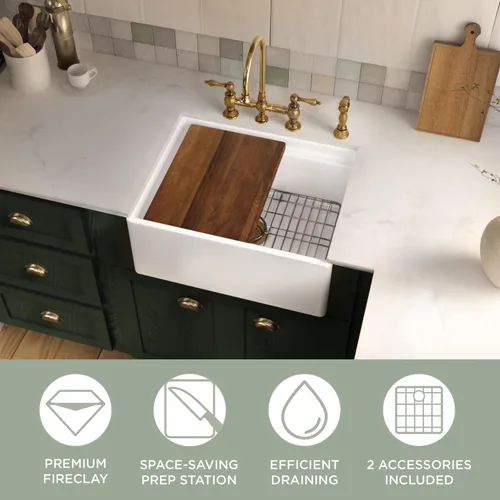 Vista 4 de Whitehaus Reversible Single Bowl Fireclay Sink Set with Smooth Front Apron, Walnut Wood Cutting Board and Stainless Steel Grid (Dark Gray, 27" x 19")