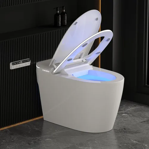 Vista 8 de Inodoro inteligente con bidé integrado con rociador de agua caliente y secadora, funcionamiento del sensor de pie, asiento calefactado con pantalla