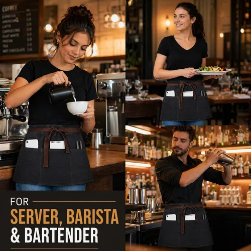 Vista 4 de Toyvian Durable Denim Waist Apron with 3 Pockets Unisex, Short Half Server Apron for Waiter Waitress, Bar, Cafe & Kitchen