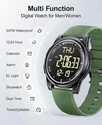 Vista 56 de Beeasy - Reloj digital de pulsera resistente al agua con cronómetro, alarma, cuenta regresiva, doble zona horaria, ultrafino, pantalla angular muy
