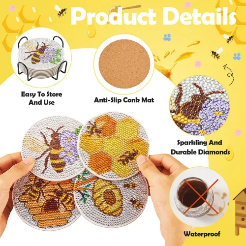 Vista 3 de FASHEWELRY 8 posavasos de arte de diamante con soporte para abejas, kit de posavasos de pintura de diamantes para bebidas, kits de arte de diamantes