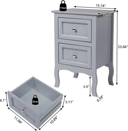 Vista 3 de Juego de 2 mesitas de noche para dormitorios, mesita de noche moderna con 2 cajones, mesa auxiliar de madera para espacios pequeños, sala de estar