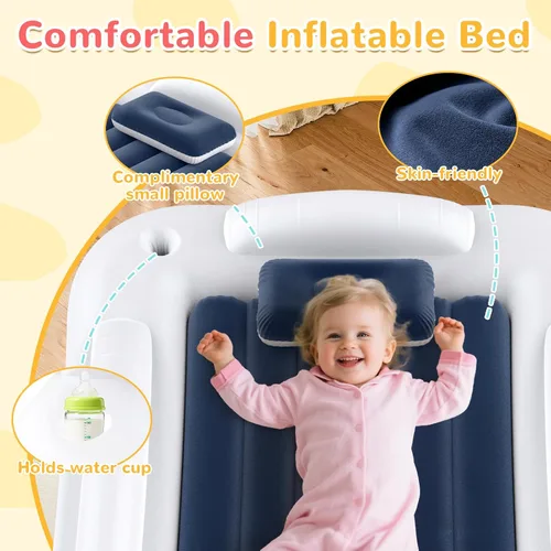 Vista 5 de Cama de viaje inflable para niños pequeños - Cama de viaje portátil para niños con lados de seguridad, juego completo de colchón de aire para niños
