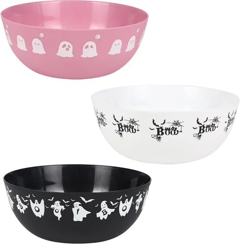 Vista 13 de 3 cuencos de plástico de Halloween para dulces, cuencos reutilizables para Halloween, suministros para fiestas de Halloween (fantasma negro)