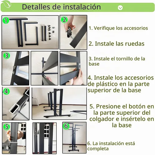 Vista 8 de Perchero de pie de metal para ropa - Estantes de exhibición resistentes para uso comercial con ruedas, perchero de ropa de 6 brazos, perchas