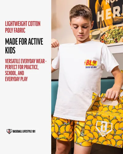 Vista 5 de Baseball Lifestyle 101 Taco - Camiseta juvenil para niños, color blanco, suave mezcla 60/40, transpirable, costuras laterales, tallas juveniles S-XL