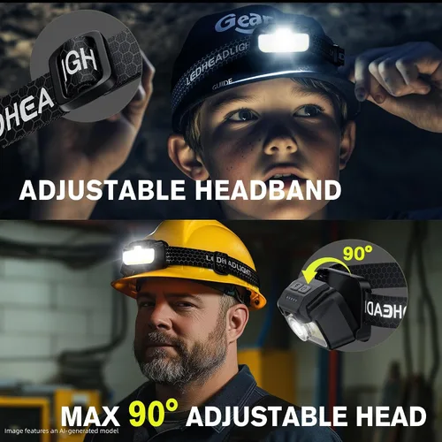 Vista 4 de Favorlite - Paquete de 2 faros recargables, 1300LM LED con luz roja y verde, 7 modos, ajuste de memoria, control de gestos, tipo C, resistente al