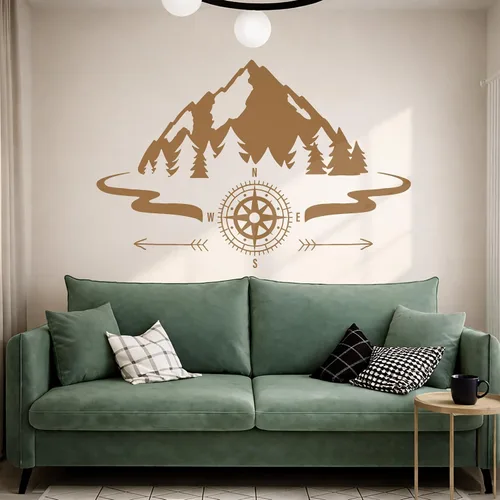 Vista 2 de Vinilo grande para pared, diseño de montañas, brújula, camping, bosque, campamento, decoración artística (ig5651)