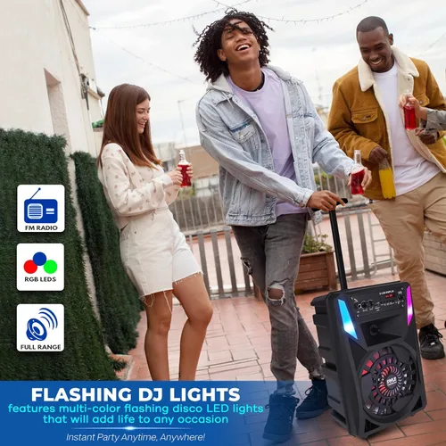 Vista 5 de Pyle Altavoz PA Bluetooth portátil – Sistema de audio de karaoke BT recargable de 300 W 8 pulgadas para exteriores – Luces de fiesta multicolor