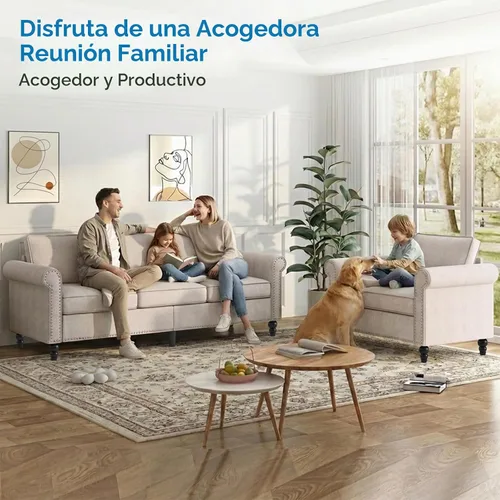Vista 3 de Mjkone Juego de 2 Piezas para Sala de Estar, Sofás Seccionales, Juego de Sofá y Silla, Sofá Moderno de Lino con Marco de Madera y Patas