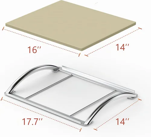 Vista 2 de Skyflame Piedra de pizza de cordierita de 16 pulgadas con estante y mango de acero inoxidable extraíble, piedra de hornear resistente para parrillas