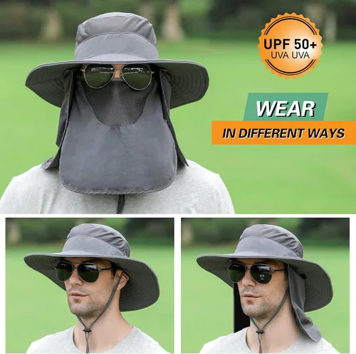Vista 5 de Sombrero de pesca para hombres y mujeres, sombrero de ala ancha con solapa desmontable para el cuello y cubierta facial