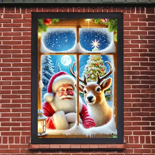 Vista 5 de BlissYard Cubierta de ventana de Navidad de 31 x 47 pulgadas, Papá Noel y reno, escena de nieve de invierno, decoración de vacaciones, fondo festivo