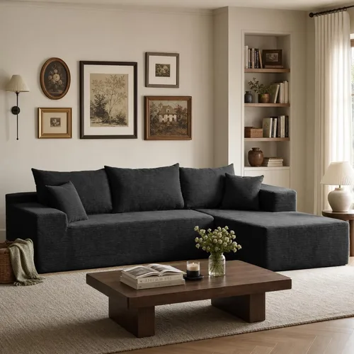 Vista 10 de Sofás seccionales negros para sala de estar, sofá sin estructura rígida con chaise en forma de L, sofá modular en caja con asiento profundo,