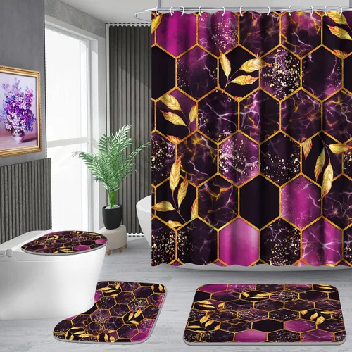 Vista 17 de Poedist Juego de 4 cortinas de ducha de baño, juegos de baño con alfombras (tapete de baño, forma de U y tapa de inodoro) y 12 ganchos, mármol