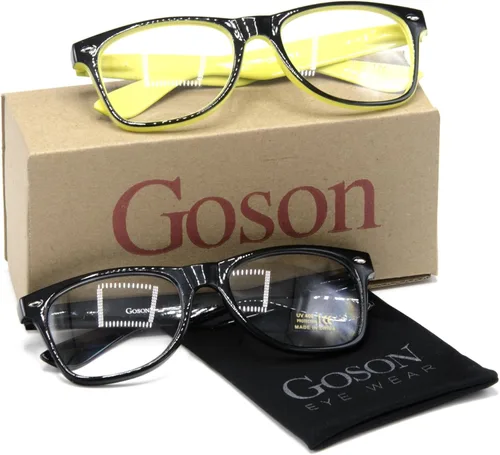 Vista 7 de Goson Lentes transparentes sin receta para mujeres y hombres, anteojos cuadrados para nerd hipster, 2 pares, marco negro y negroamarillo