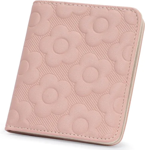 Vista 17 de Billetera para mujer, delgada y pequeña, billetera compacta con RFID, plegable, compacta, para mujer, cartera de cuero en relieve 3D con soporte