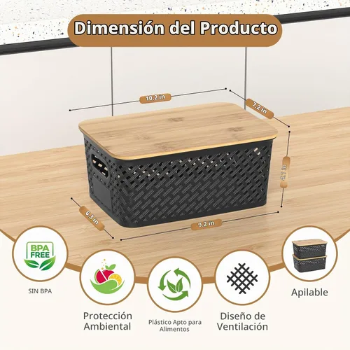 Vista 2 de Contenedores de almacenamiento de plástico con tapas de bambú, canastas pequeñas apilables para organización y contenedores para estantes, cajones