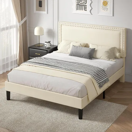 Vista 158 de VECELO Base de cama de plataforma de tamaño individual con cabecera tapizada de altura ajustable, base de colchón moderna, soporte de listones