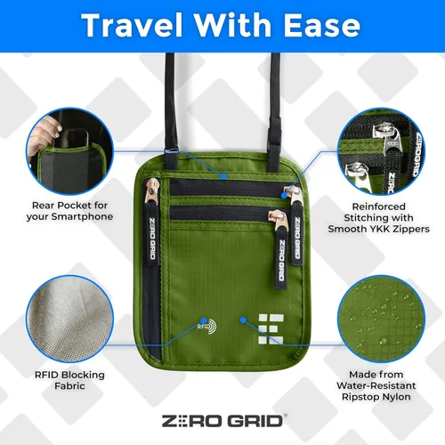 Vista 43 de Cartera para el cuello para viajes y pasaporte con bloqueo RFID, delgada y fácil de ocultar, bolsa de viaje de nailon para hombres y mujeres