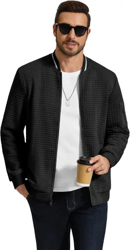 Vista 5 de COOFANDY - Chaqueta de suéter con cremallera para hombre, sudadera acanalada, bomber ligera, casual