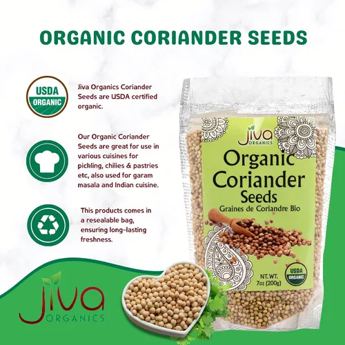 Vista 2 de Jiva USDA Semillas de cilantro orgánicas enteras 7 onzas - ¡Nuevo!