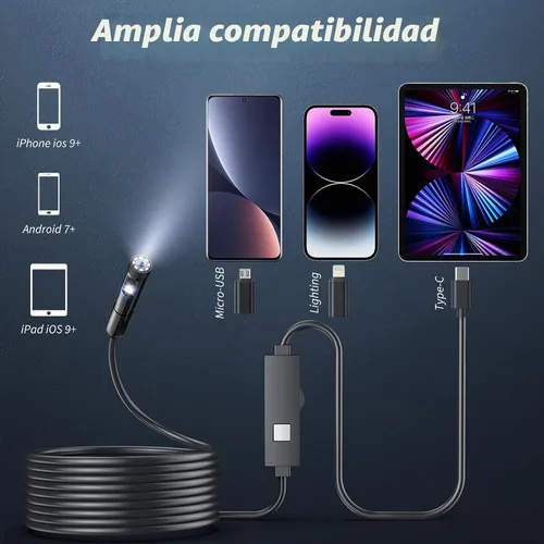 Vista 6 de Cámara endoscópica con luz, herramientas de boroscopio de 1920P HD con 8 luces LED ajustables, endoscopio con cámara de serpiente semirrígida