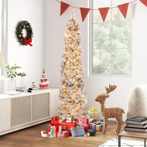 Vista 6 de Goplus Árbol de Navidad artificial de 6 pies preiluminado con flecos de nieve en forma de lápiz, árbol de Navidad delgado artificial con 150 luces