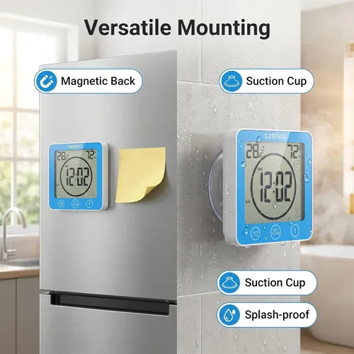 Vista 7 de Reloj de ducha digital, reloj temporizador de baño, resistente al agua para rociar agua, alarma de cuenta regresiva, temporizador de pantalla