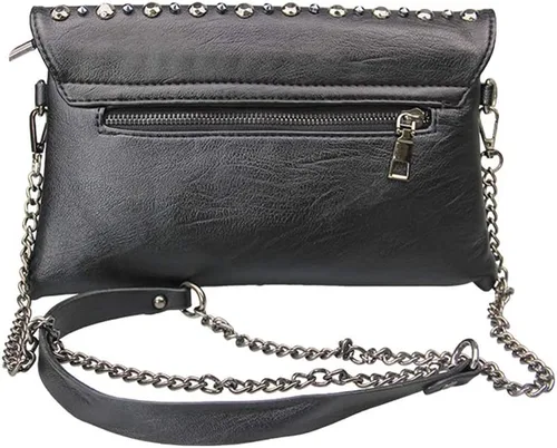 Vista 4 de Chikencall Bolso de mano de cuero con tachuelas de calavera punk negro con dos correas
