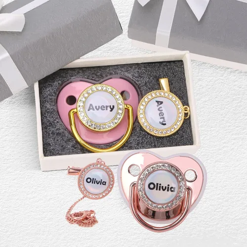 Vista 3 de Chupete personalizado con nombre, juego de chupete personalizado con caja de regalo, chupete de lujo con cristales brillantes, regalo ideal